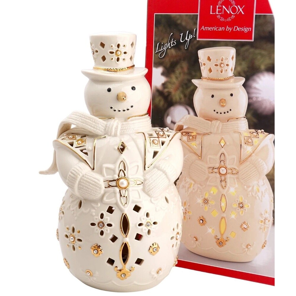 Lenox Florentine & Pearl Lighted Snowman 10” Christmas Figurine w/Box RARE